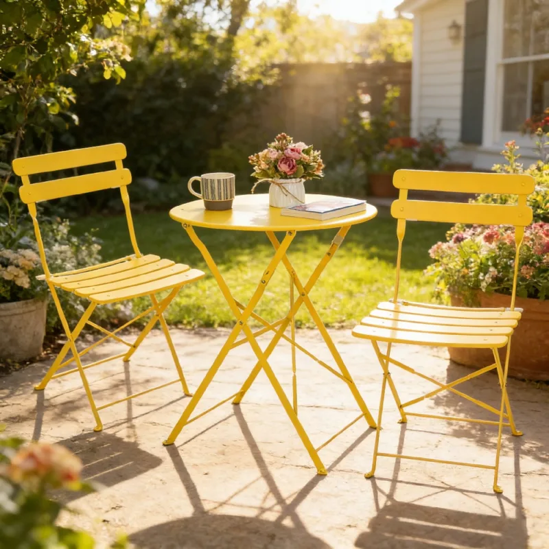黄色 (1) Skandiquip 3-Piece Metal Outdoor Folding Bistro Set, Foldable Table & 2 Chairs, Space-Saving Patio Dining Furniture for Balcony, Garden & Yard