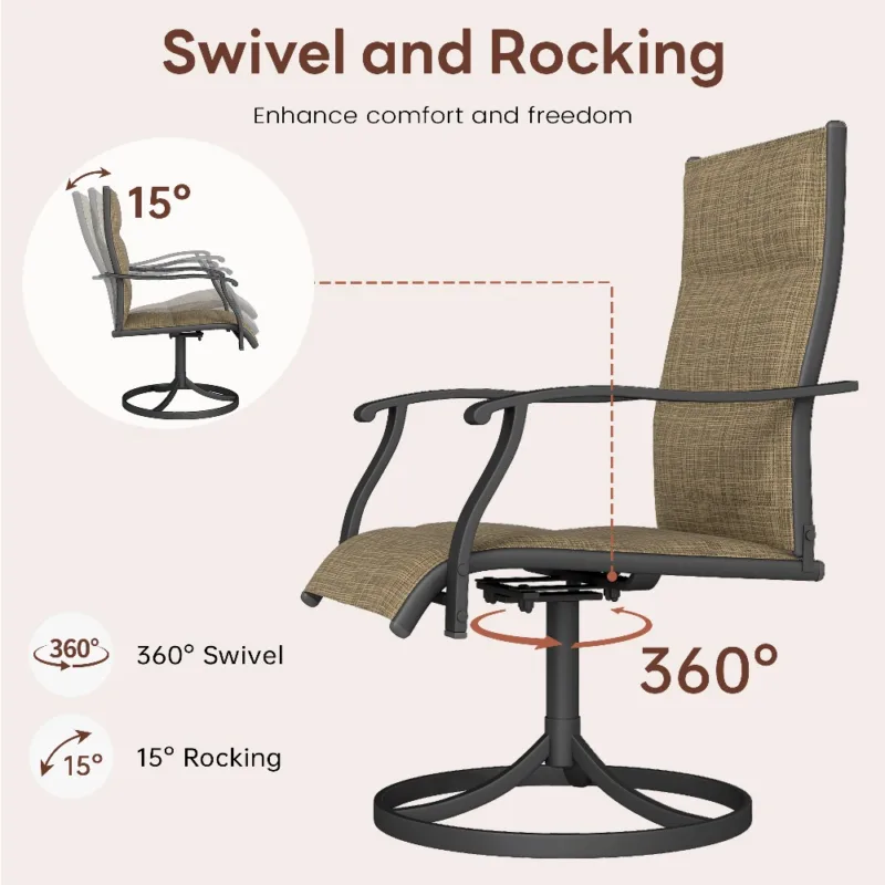 黄色细节1 (1) Skandiquip 2 Pieces Patio Swivel Rocking Chairs, Padded Textilene Mesh Rustproof Steel Frame, All Weather Outdoor Dining Chairs for Lawn Garden Backyard Deck