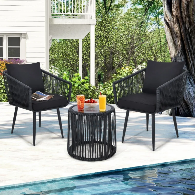 黑 (1) Skandiquip 3-Piece All-Weather Wicker Conversation Rattan Bistro Set, Patio Furniture with Glass Table for Outdoor Balcony Backyard Porch