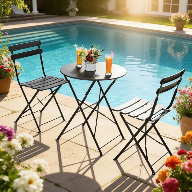 黑色 (1) Skandiquip 3-Piece Metal Outdoor Folding Bistro Set, Foldable Table & 2 Chairs, Space-Saving Patio Dining Furniture for Balcony, Garden & Yard