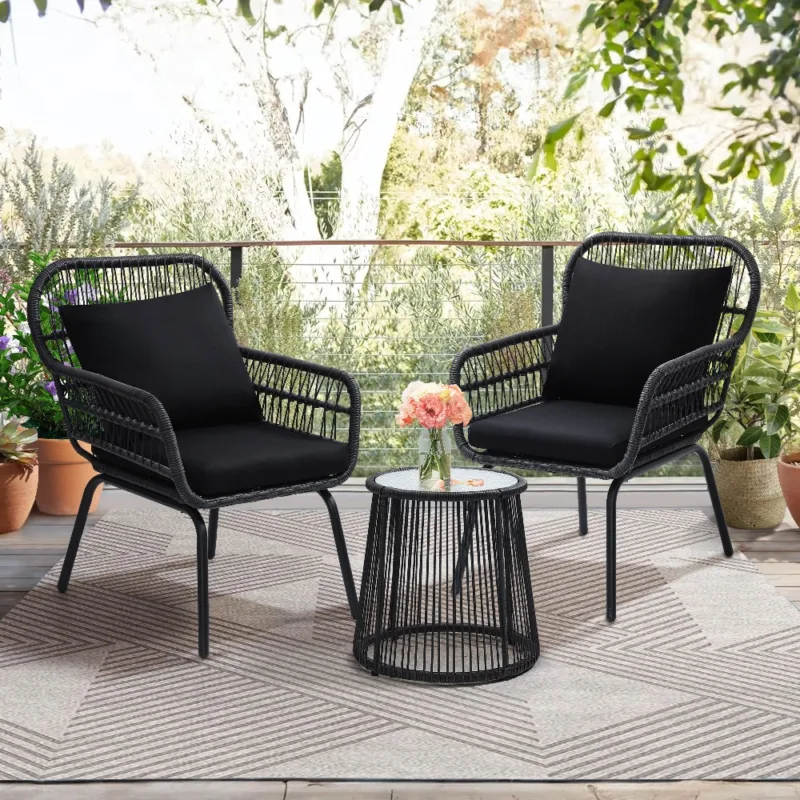 Skandiquip 3 Piece Rattan Bistro Set, All Weather Small Space Outdoor Patio Furniture with Tempered Glass Top Table & 2 Wicker Chairs for Balcony, Garden, Backyard