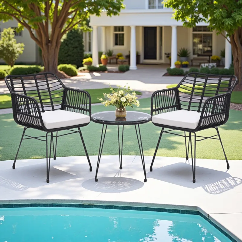 黑色1 Skandiquip 3-Piece All Weather Wicker Bistro Set, Rattan Chairs with Table, 2 Waterproof Removable Cushions for Garden Poolside