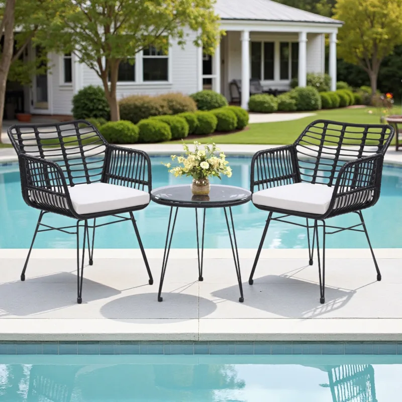 黑色2 Skandiquip 3-Piece All Weather Wicker Bistro Set, Rattan Chairs with Table, 2 Waterproof Removable Cushions for Garden Poolside
