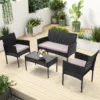 黑色3 (1) Skandiquip 4 Piece Outdoor Patio Furniture Set, All-Weather Wicker Conversation Set with Loveseat, 2 Chairs & Extra Long Coffee Table, Boho Rattan Bistro Set for Garden, Balcony, Porch