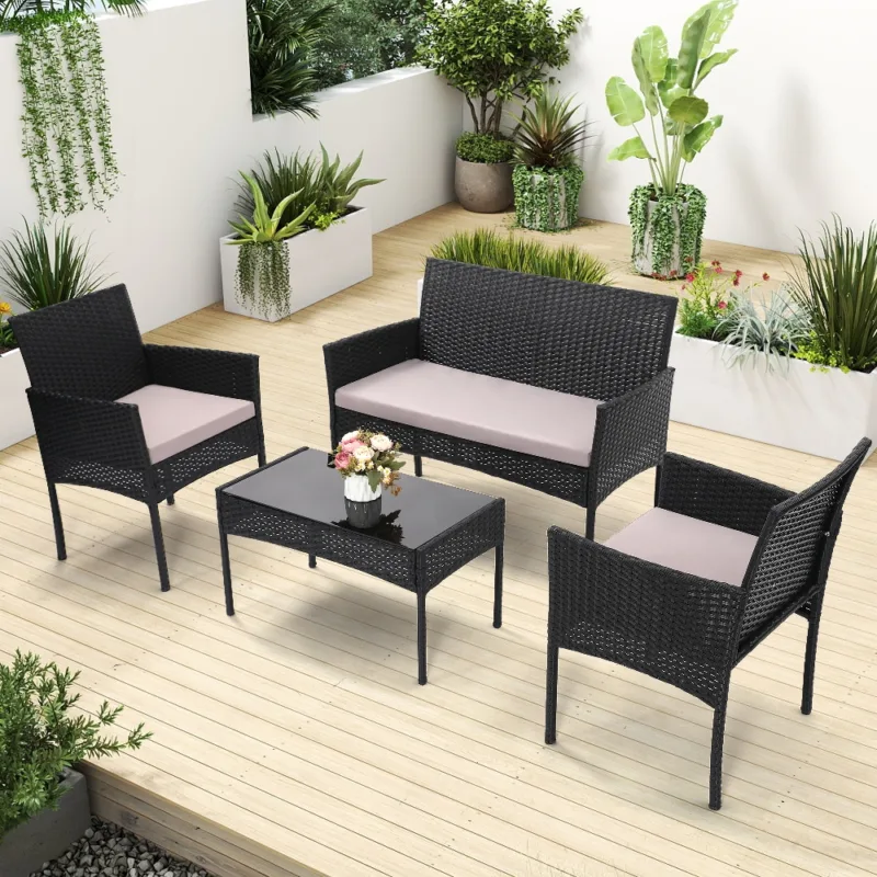 黑色3 (1) Skandiquip 4 Piece Outdoor Patio Furniture Set, All-Weather Wicker Conversation Set with Loveseat, 2 Chairs & Extra Long Coffee Table, Boho Rattan Bistro Set for Garden, Balcony, Porch