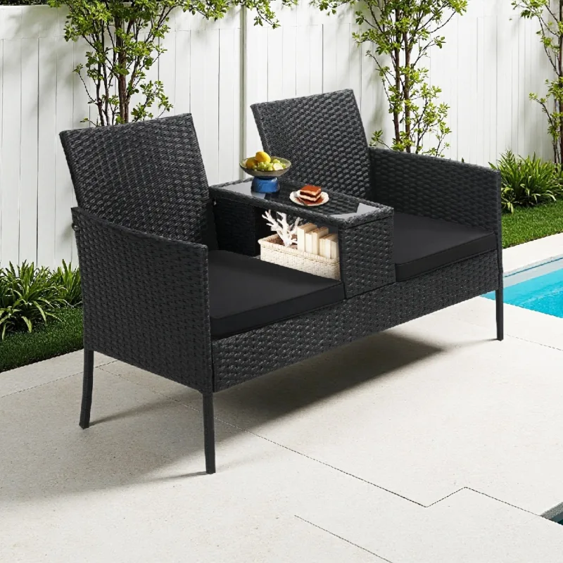 黑色坐垫 (1) Skandiquip 2 Seat Patio Conversation Set, Outdoor Rattan Wicker Loveseat with Built-in Coffee Table, Removable Cushions, All Weather Patio Furniture for Backyard Garden Lawn Balcony Porch