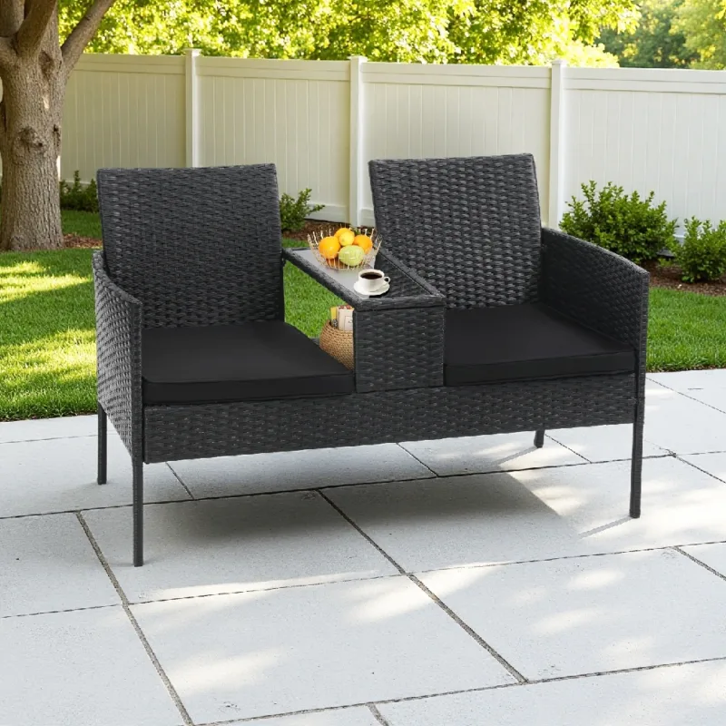 黑色坐垫1 (1) Skandiquip 2 Seat Patio Conversation Set, Outdoor Rattan Wicker Loveseat with Built-in Coffee Table, Removable Cushions, All Weather Patio Furniture for Backyard Garden Lawn Balcony Porch