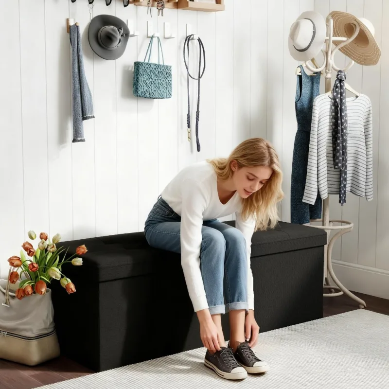 黑色大款场景 (1) Skandiquip 43.5" Storage Ottoman Folding Rectangle Foot Rest Stool with Large Capacity Wooden Top for Living Room Bedroom, Light Gray-Linen