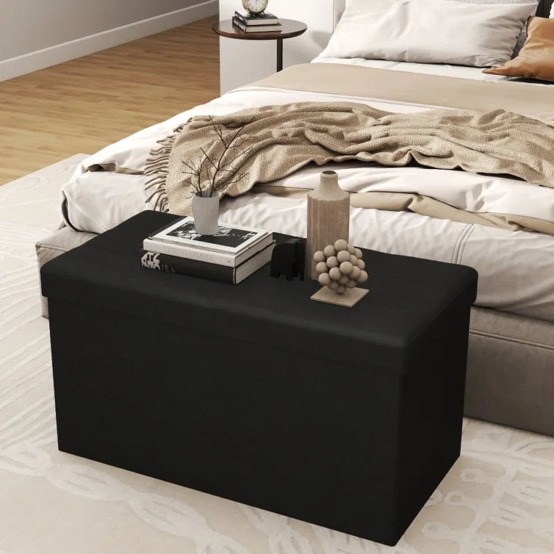 黑色小款场景 (1) Skandiquip 43.5" Storage Ottoman Folding Rectangle Foot Rest Stool with Large Capacity Wooden Top for Living Room Bedroom, Light Gray-Linen
