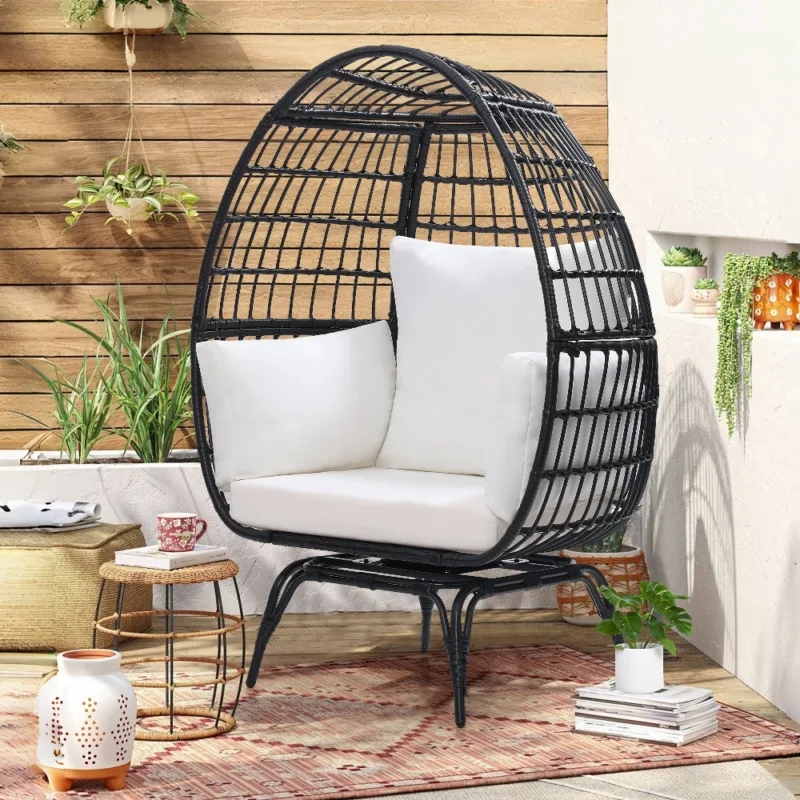黑藤米白坐垫 (1) Skandiquip 360-Degree Swivel Oversized Egg Chair, Rattan Wicker Patio Chair with Soft Washable Black Plush Cushion, Multipurpose Indoor Outdoor Relaxation Chair