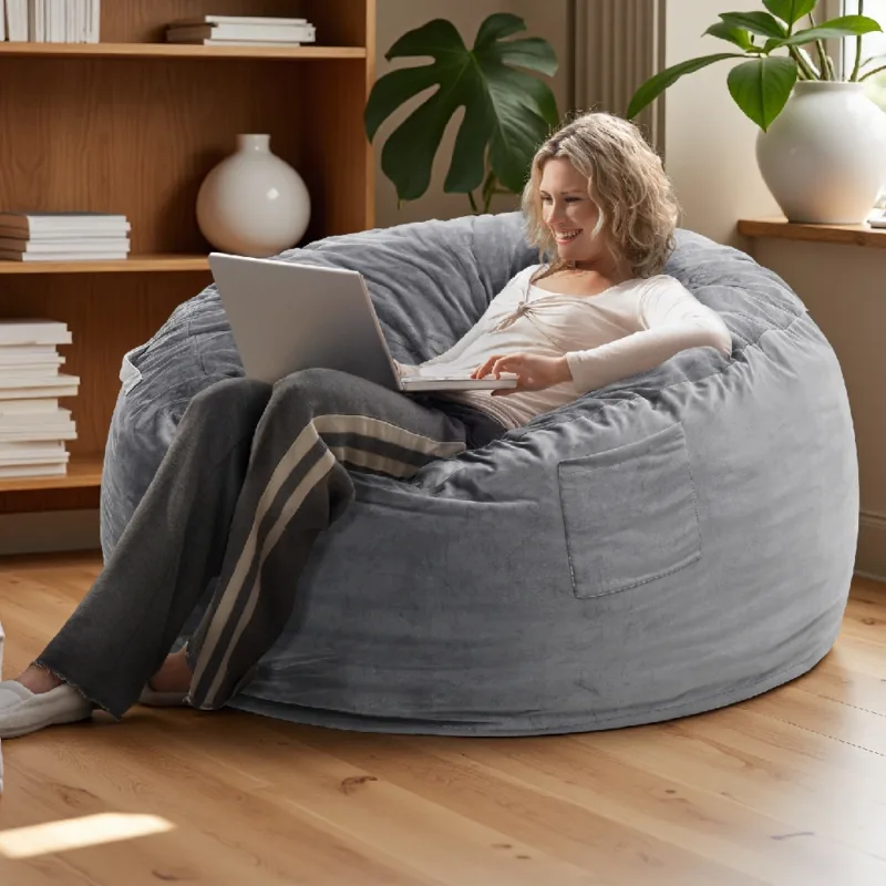浅灰色 (1) Skandiquip Extra Large 4ft Bean Bag Chair, Memory Foam Filling, Washable Soft Suede Cover, Reinforced Zipper, for Adults, Teens