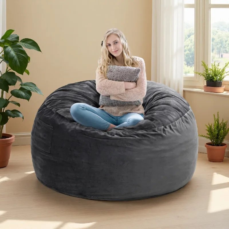 深灰色 (1) Skandiquip Extra Large 4ft Bean Bag Chair, Memory Foam Filling, Washable Soft Suede Cover, Reinforced Zipper, for Adults, Teens