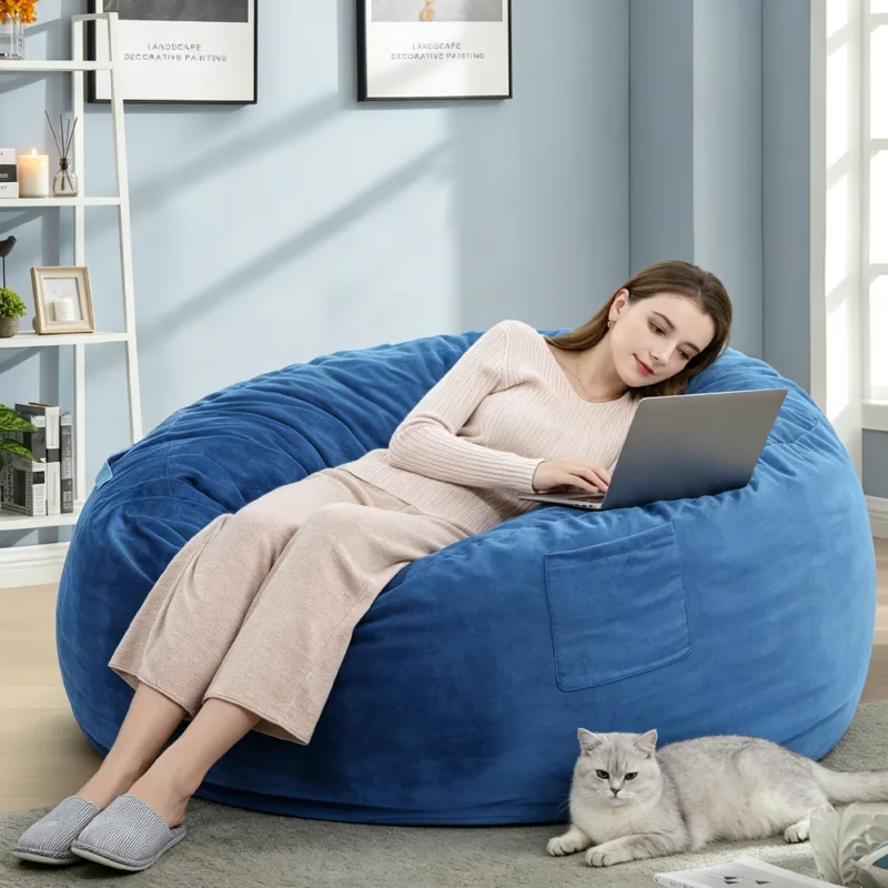 蓝色 (1) Skandiquip Extra Large 4ft Bean Bag Chair, Memory Foam Filling, Washable Soft Suede Cover, Reinforced Zipper, for Adults, Teens