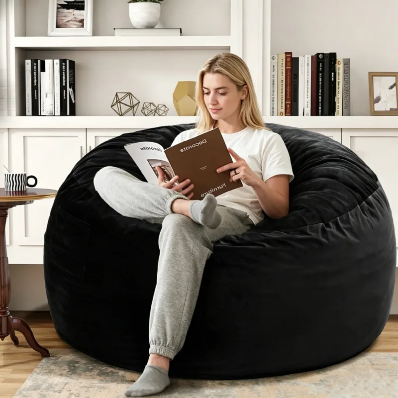 黑色 (1) Skandiquip Extra Large 4ft Bean Bag Chair, Memory Foam Filling, Washable Soft Suede Cover, Reinforced Zipper, for Adults, Teens