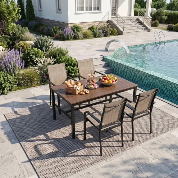 Skandiquip Set of 4 Stackable Outdoor Dining Chairs, Breathable Fabric Armrest Patio Chairs for Garden Backyard Deck