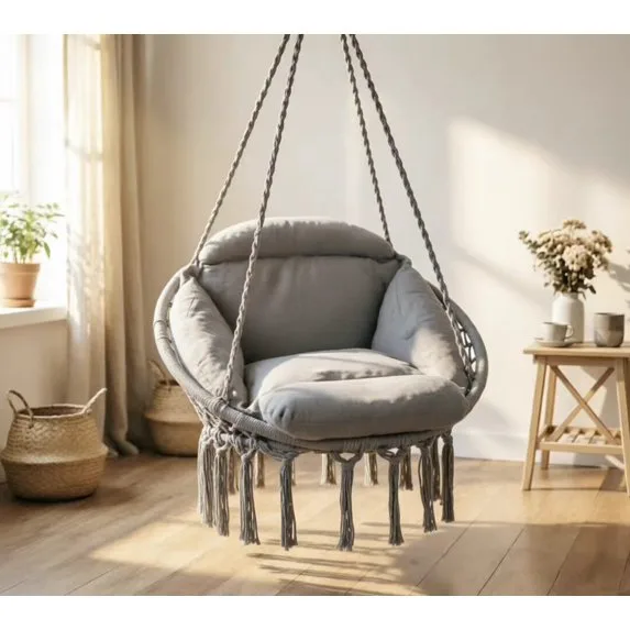 Skandiquip 53" Macrame Hanging Swing Chair, Soft Padded Cushion Included for Bedroom & Porch