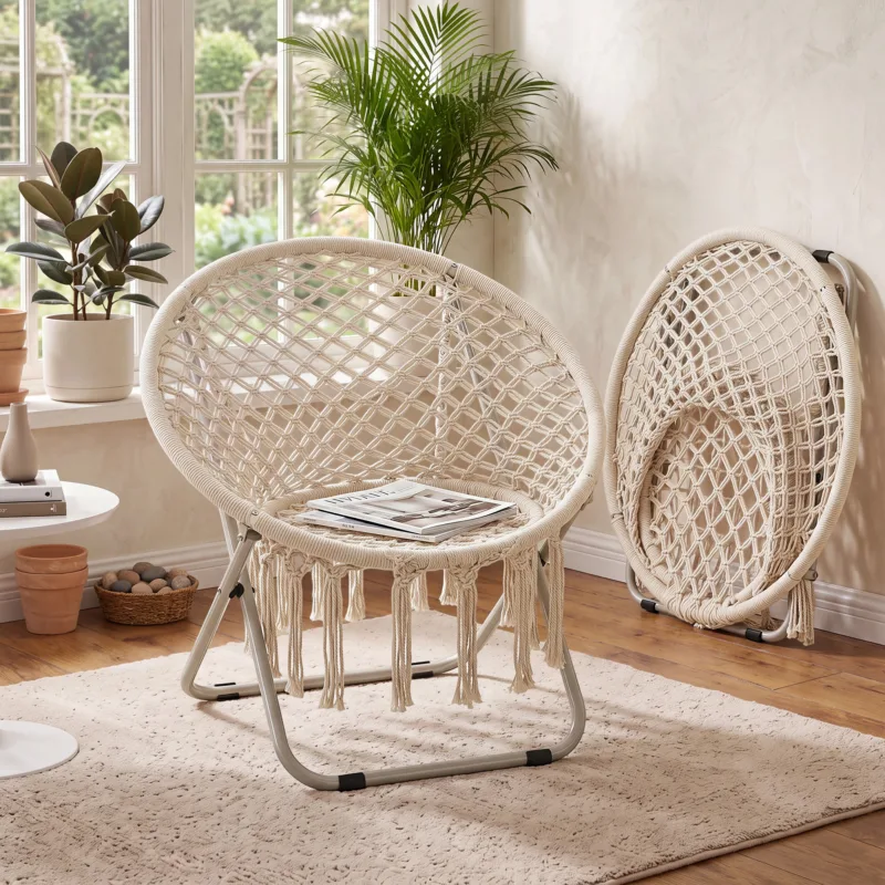 场景图1 Skandiquip Boho Woven Tassel Accent Chair Foldable Metal Frame Leisure Single Chair Indoor Outdoor Beige
